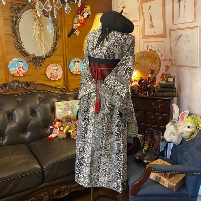 和洋折衷 単衣着物 リメイク ロング 丈 ワンピース ドレス 和洋折衷 単衣着物 リメイク ロング 丈 ワンピース ドレス
