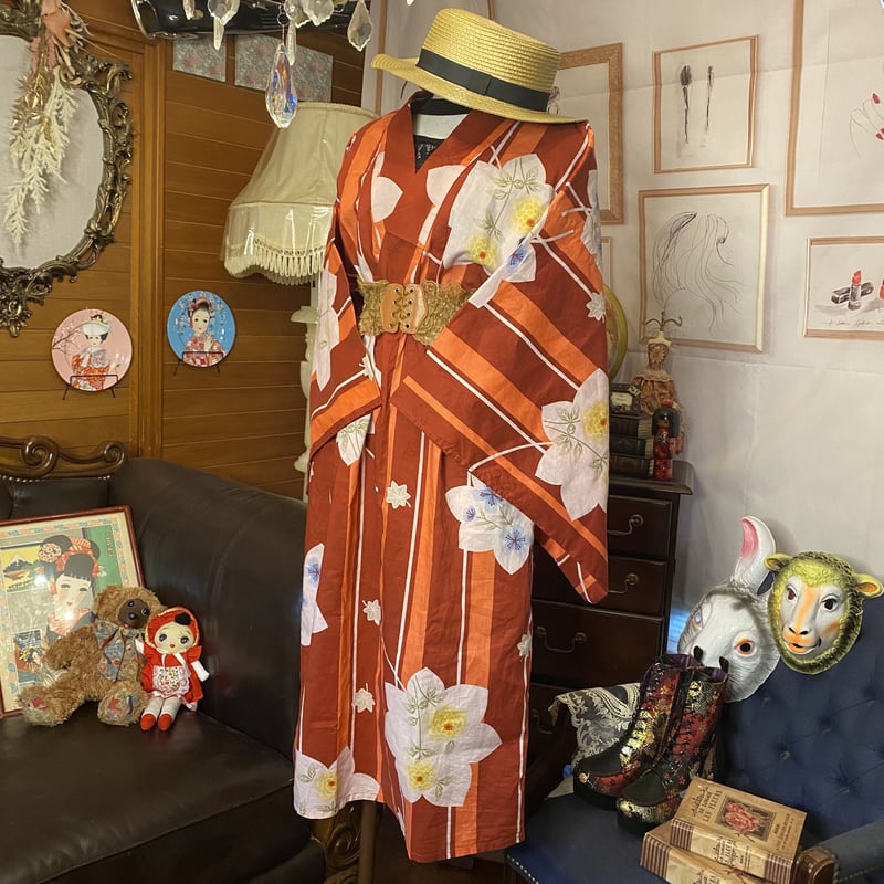 和洋折衷 レトロ 古着 夏 ストライプ モダン 浴衣 和 ハンドメイド