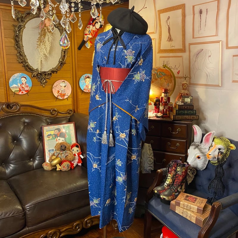 単衣着物 ハンドメイド リメイク ワンピース ドレス 帯サッシュベルト 
