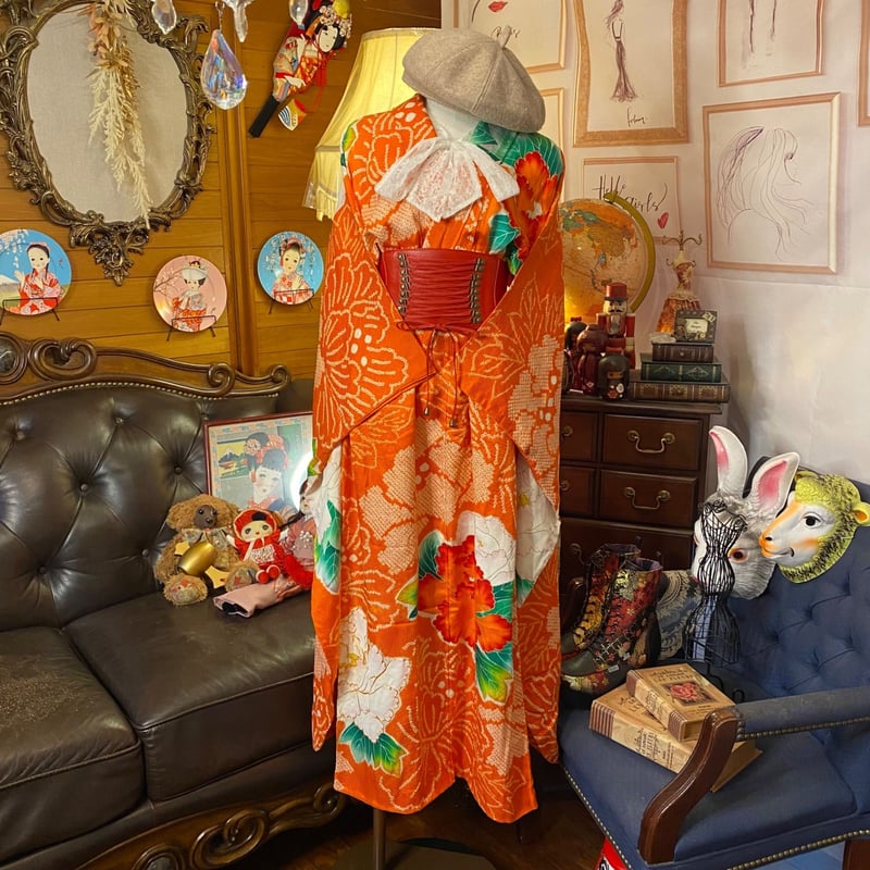 和洋折衷 絞り振袖 着物 リメイク ロング丈 ワンピース ドレス 和洋折衷 絞り振袖 着物 リメイク ロング丈 ワンピース ドレス