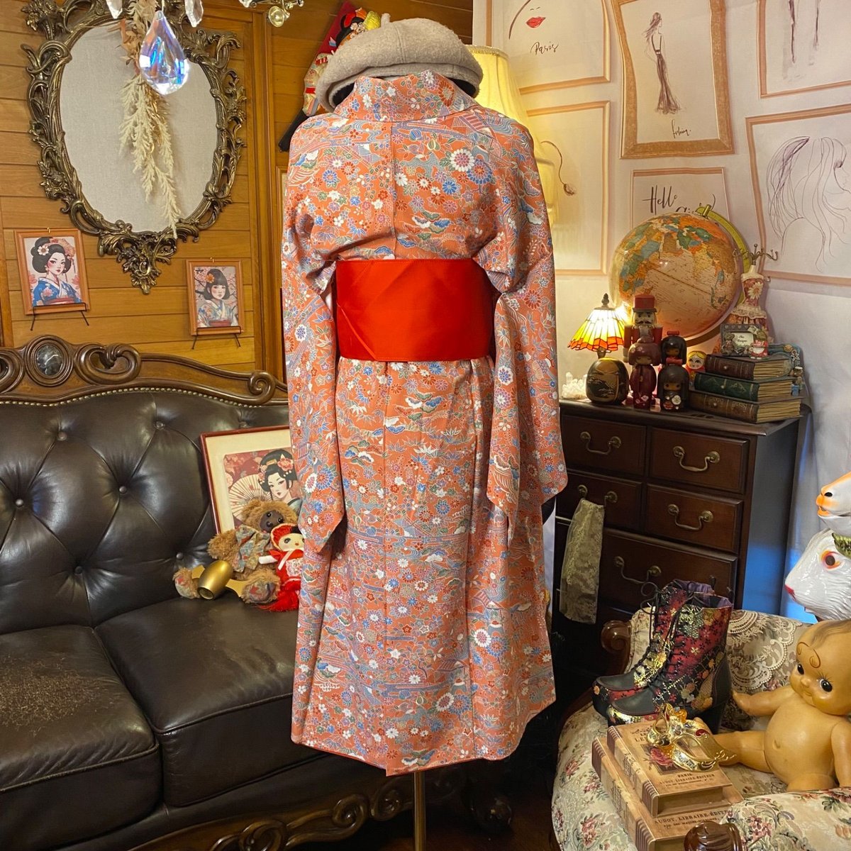 着物 リメイク ワンピース ドレス 洗える 化繊 帯サッシュベルト 和洋