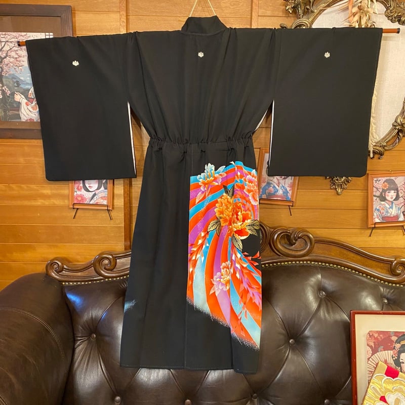 黒留袖 着物 リメイク ワンピース ドレス 洗える 化繊 二/2部式お太鼓
