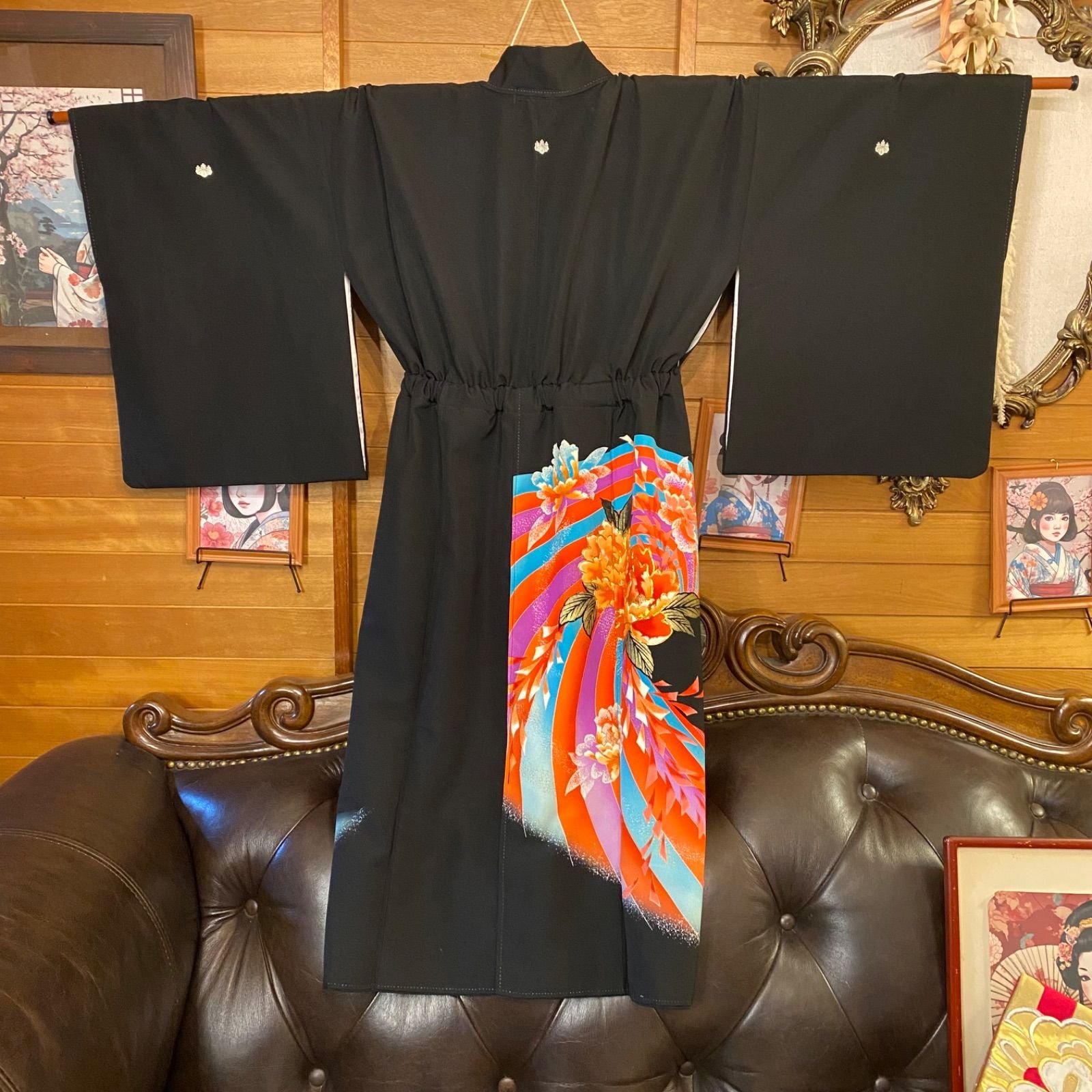 黒留袖 着物 リメイク ワンピース ドレス 洗える 化繊 二/2部式お太鼓
