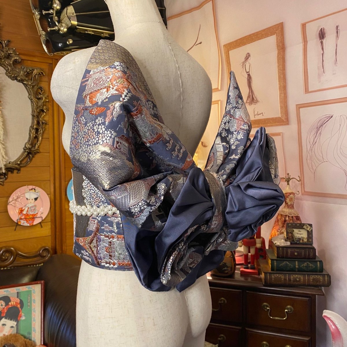 和洋折衷 2部式作り帯 リメイク 和 モダン ハンドメイド レトロ 2B-1