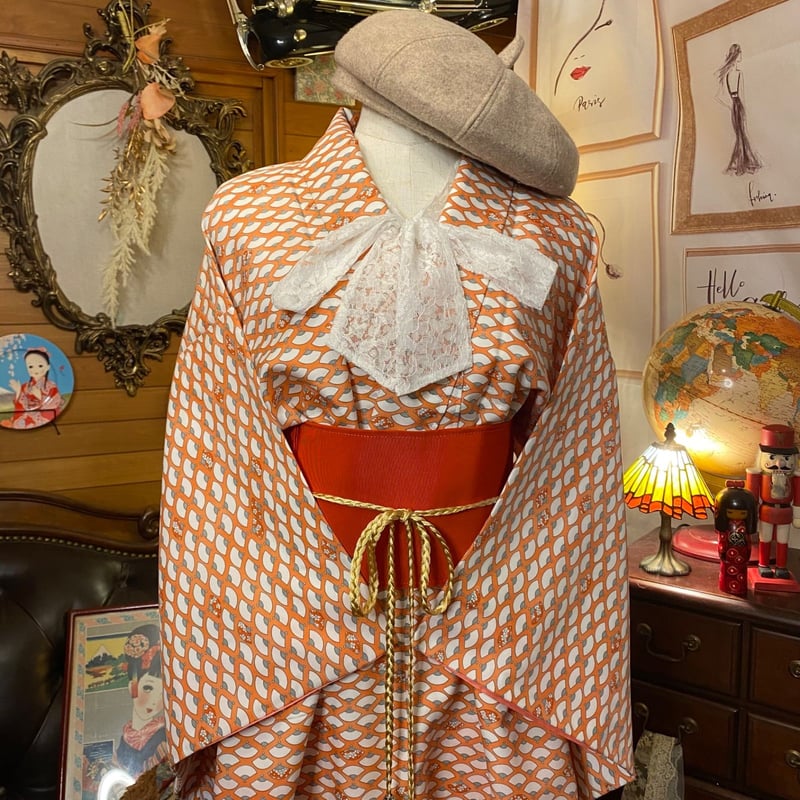 和洋折衷 レトロ 古着 洗える 化繊 着物 和 モダン ハンドメイド