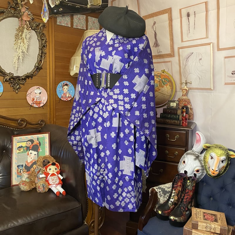 【一点物　単衣着物リメイク】大正ロマン　和洋折衷コーデ　ハイカラさんを纏う 和洋折衷 レトロ 古着 単衣 銘仙 大正ロマン 着物 和 ハンドメイド