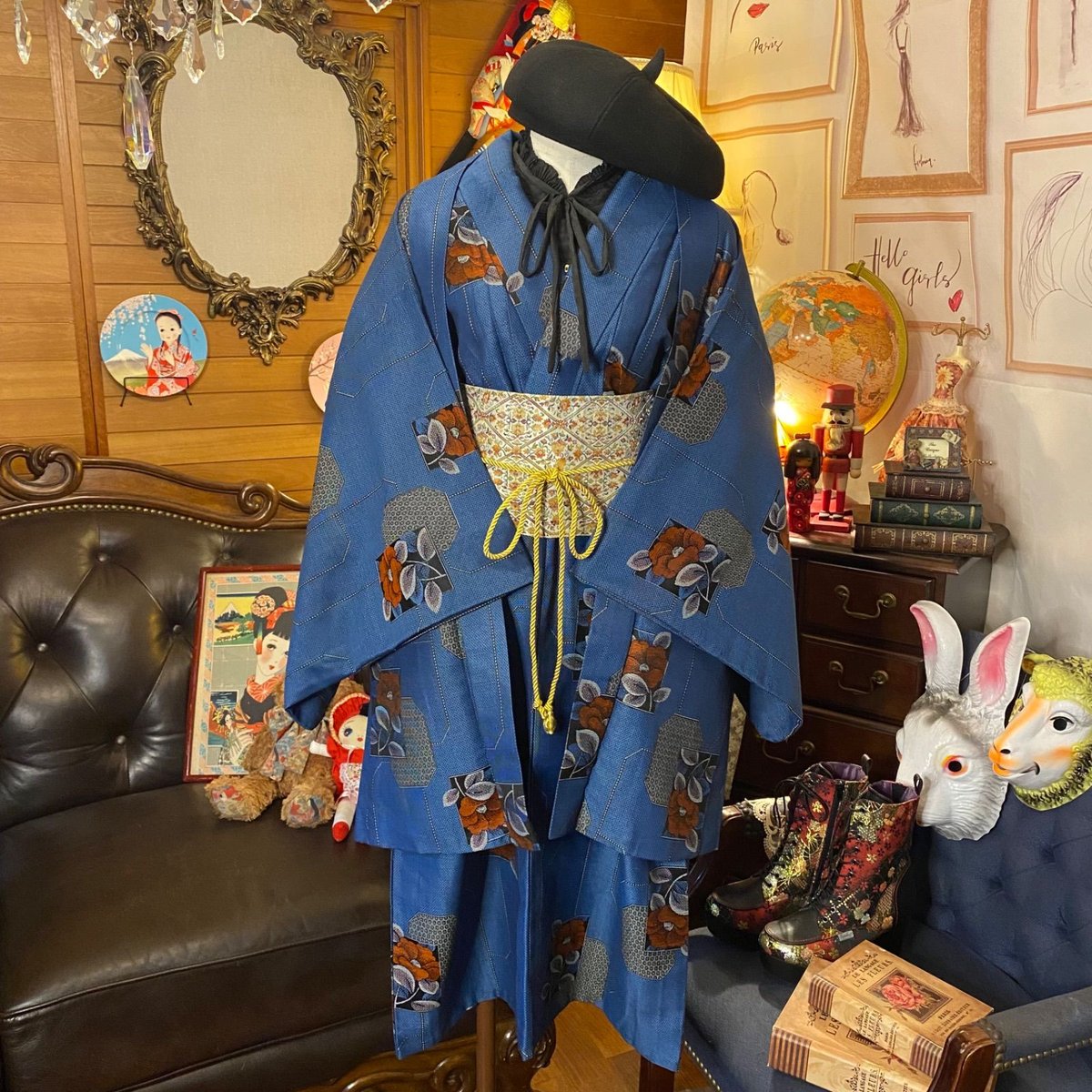 和洋折衷ミニミディワンピース 着物アンサンブル 帯サッシュベルト付き ハンドメイド レトロ 古着 藍の静寂 × 信号機カラーの彩り絣 aKW-153 リメイク 着物ワンピース アンサンブル 帯サッシュベルト付き 和洋折衷