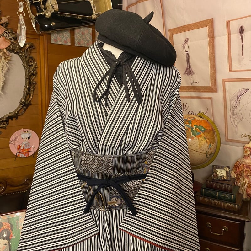 和洋折衷 レトロ 古着 洗える 着物 化繊 和 モダン ハンドメイド