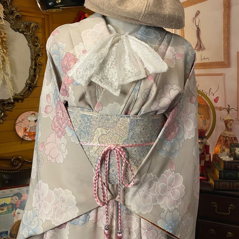 着物リメイク  ワンピース／ドレス／洗える化繊 帯サッシュベルト 鳩羽色の深淵 × 幻想のコマKW-1331 和洋折衷 着物 リメイク ワンピース ドレス 帯サッシュベルト 洗える
