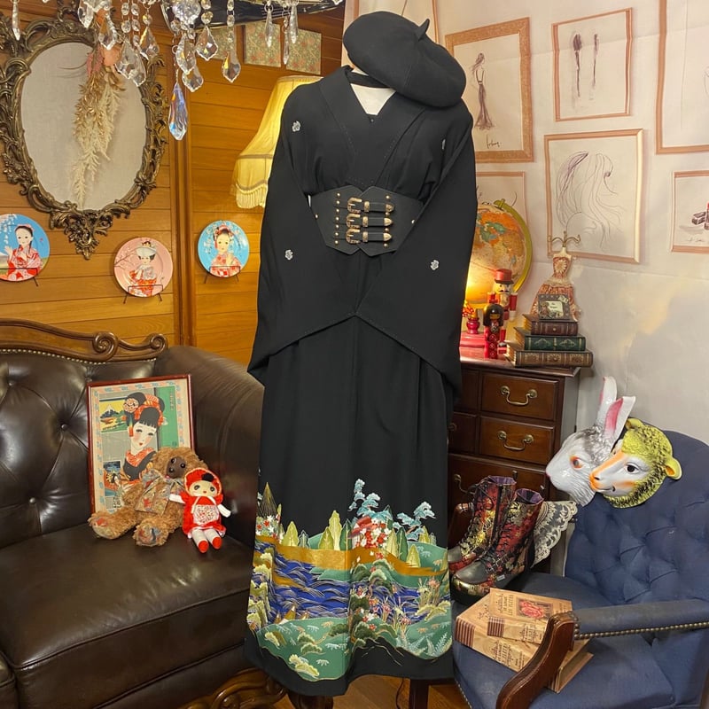 和洋折衷 レトロ 古着 黒留袖 着物 和 モダン ハンドメイド リメイク  