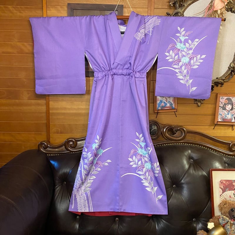 【試着のみ】紫桔梗　着物リメイク 絽　マキシワンピース　LL～3L 付け下げ 着物リメイク セミロング ワンピース ドレス 洗える 化繊