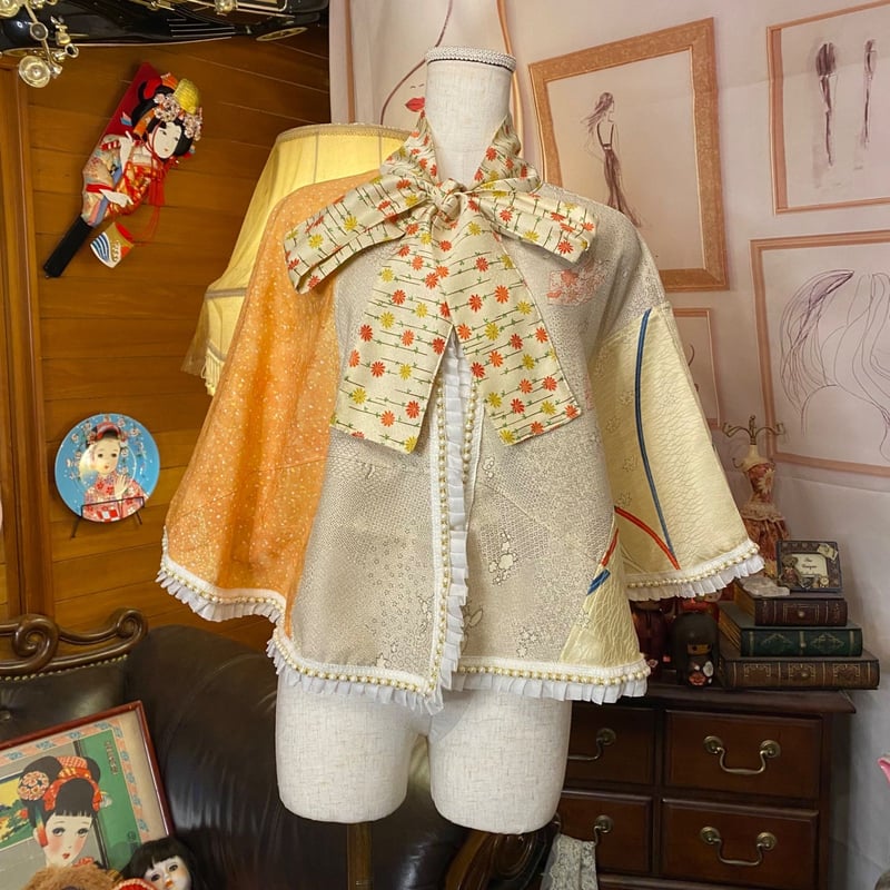 和洋折衷 着物 リメイク ポンチョ ケープ 和装コート パールフリル