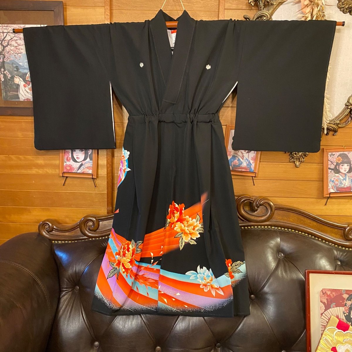 黒留袖 着物 リメイク ワンピース ドレス 洗える 化繊 二/2部式お太鼓