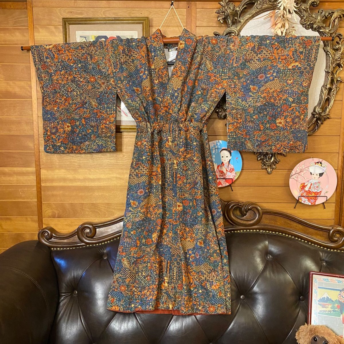 和洋折衷アンサンブル着物リメイクワンピース 帯サッシュベルト付き ハンドメイド レトロ 古着 大正モダン・花咲く格子 MKW-52 和洋折衷 レトロ 古着 アンサンブル 着物 和 ハンドメイド リメイク