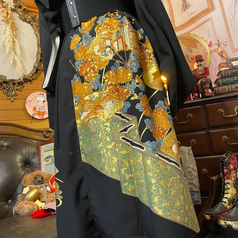 和洋折衷 黒留袖 着物 リメイク ワンピース ドレス 洗える 化繊 和洋折衷 黒留袖 着物 リメイク ワンピース ドレス 洗える 化繊