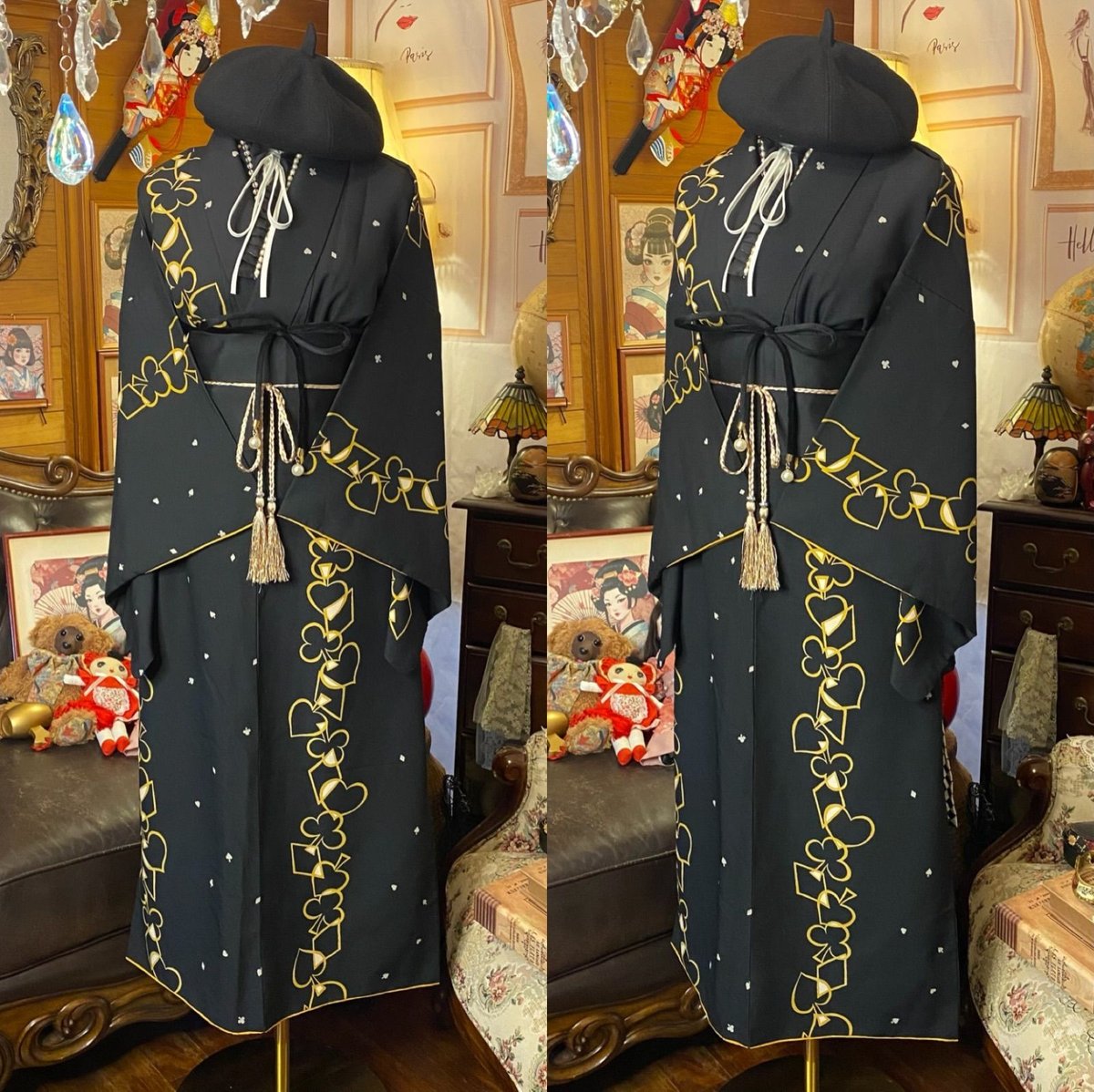 着物 ロング ワンピース ドレス ハンドメイド リメイク 重ね衿 襟 帯