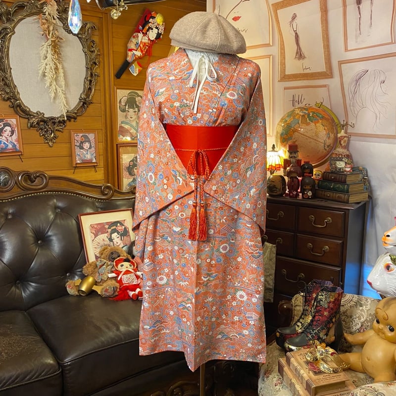 着物 リメイク ワンピース ドレス 洗える 化繊 帯サッシュベルト 和洋