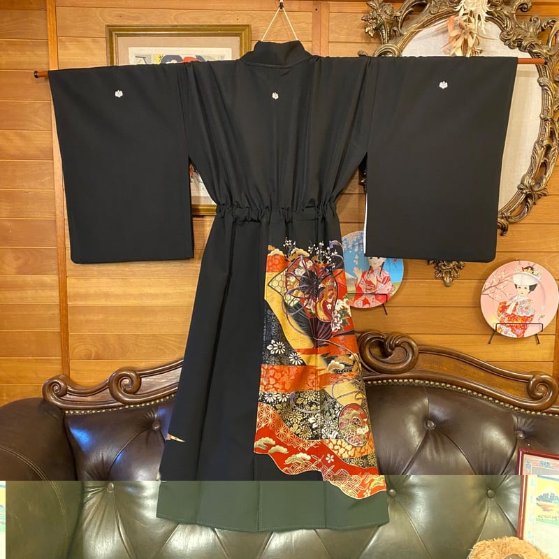 和洋折衷 黒留袖 着物 リメイク ワンピース ドレス 洗える 化繊