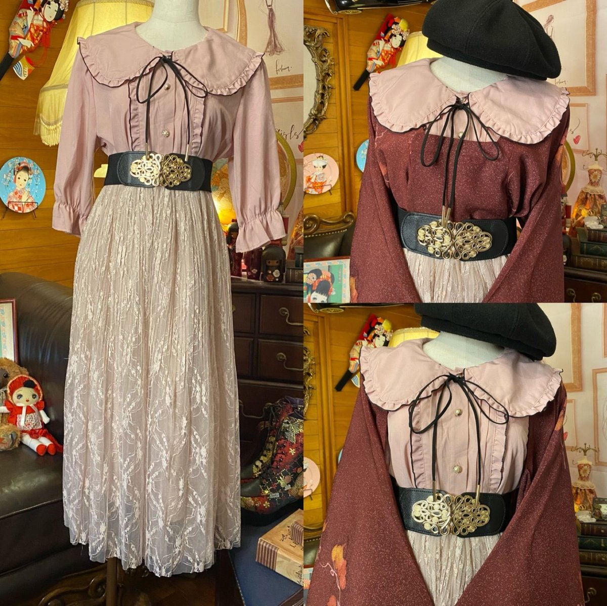 道行コート　赤　地模様　レトロ　アンティーク　和洋折衷コーデ　コスプレ　リメイク 母のタンスの肥やしだった、道行コートでレトロコーデ