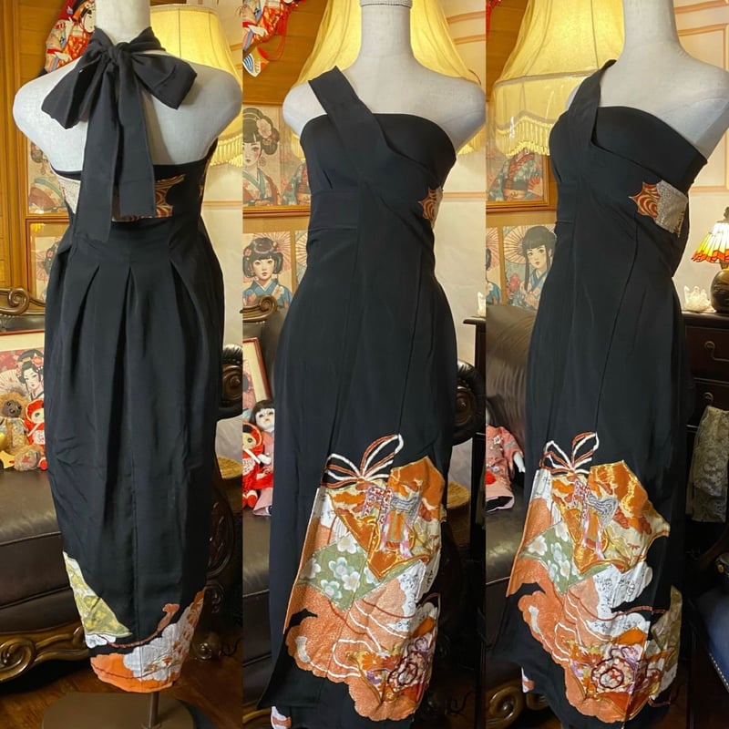 リメイク 着物 黒留袖 巻きスカート オープン パレオ ホルターネック