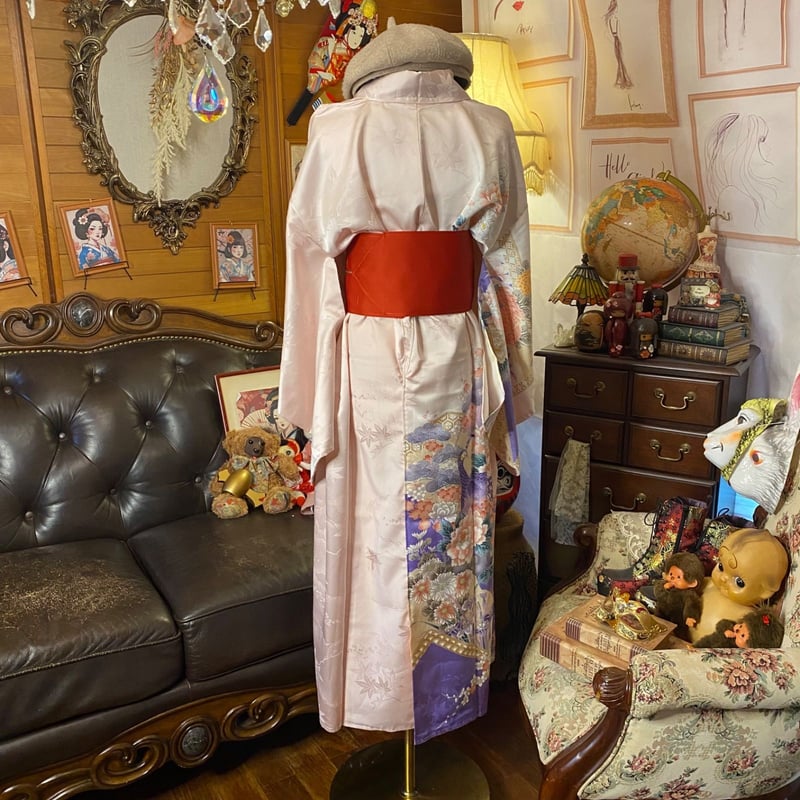 付け下げ着物リメイクワンピース ドレス ロング 洗える化繊 + 名古屋帯