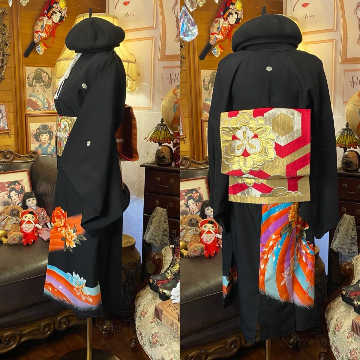 黒留袖 着物 リメイク ワンピース ドレス 洗える 化繊 二/2部式お太鼓 袋帯ハンドメイド レトロ 古着 和洋折衷  深い漆黒の地に描かれた鮮やかなオレンジと青の波模様 TKW-60 黒留袖 着物 リメイク ワンピース ドレス 洗える 化繊 二/2部式お太鼓