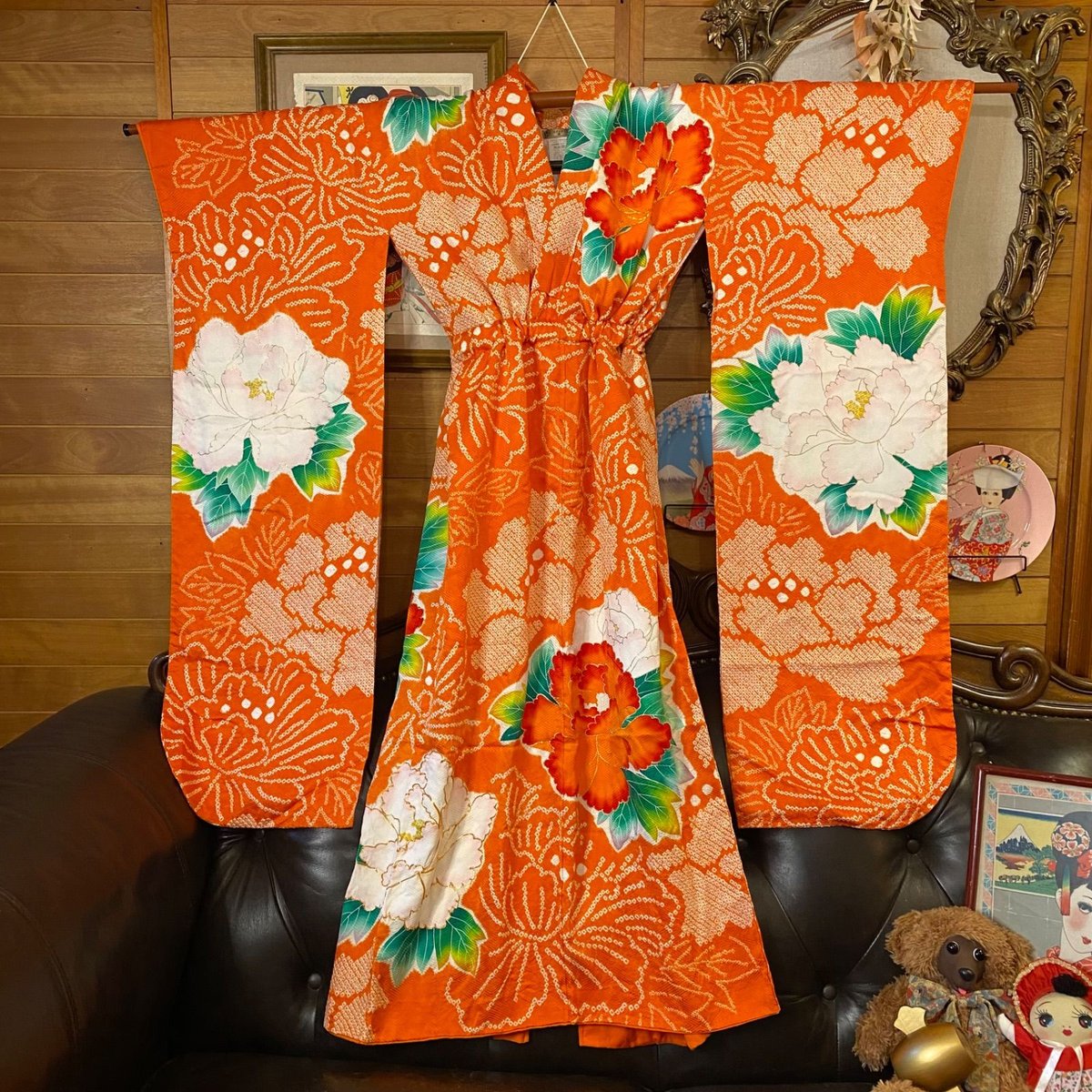 和洋折衷 絞り振袖 着物 リメイク ロング丈 ワンピース ドレス
