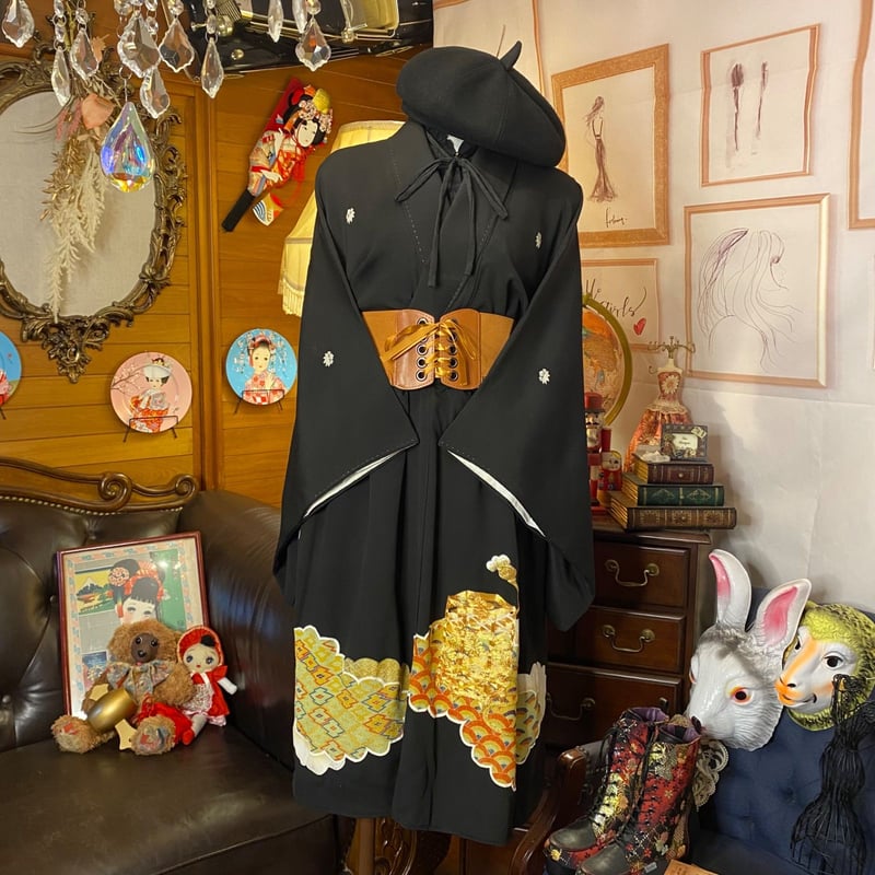 和洋折衷 レトロ 古着 黒留袖 着物 和 モダン ハンドメイド リメイク