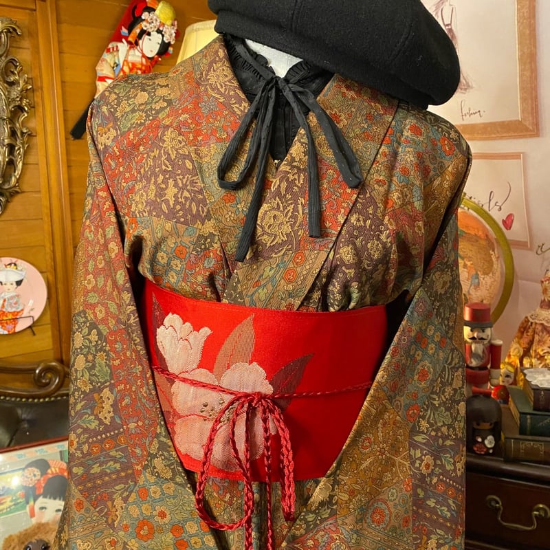 和洋折衷 着物 リメイク ロング 丈 ワンピース ドレス 洗える 化繊