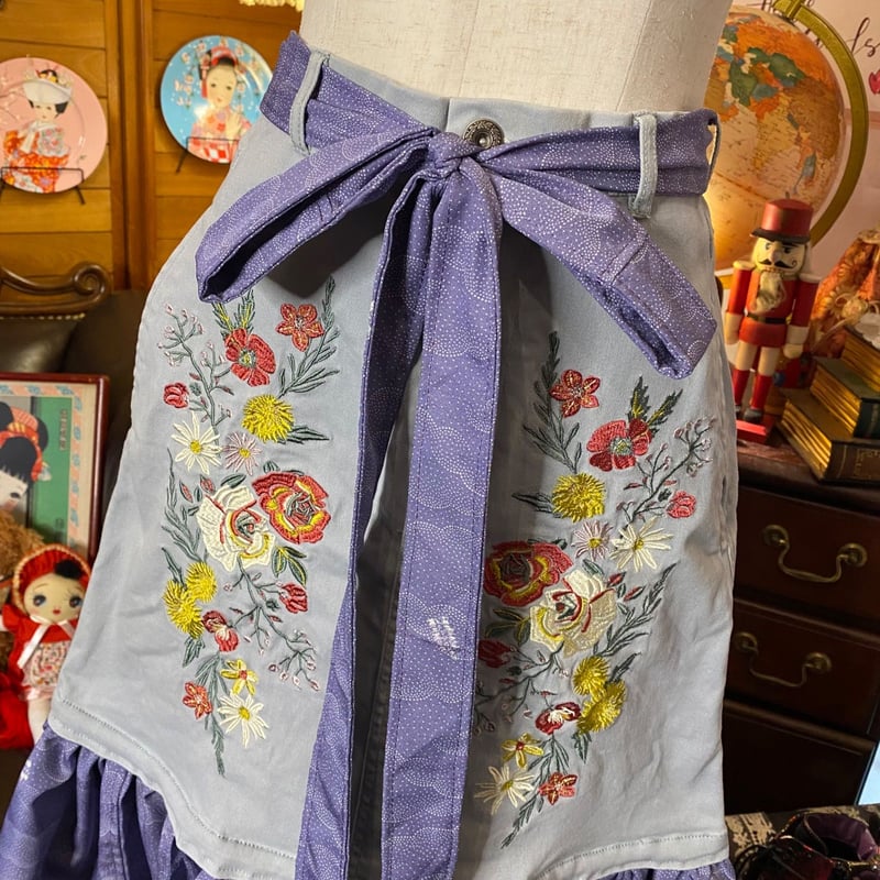 古着 レトロ アンティーク 刺繍 個性的 パッチワーク ミックス スカート 和洋折衷 着物 リメイク ロングスカート コラージュ パッチ