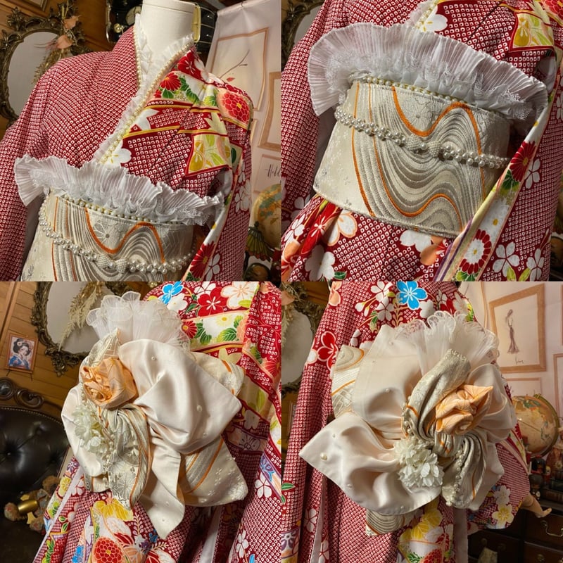 振袖 着物 ロングワンピース ドレス 2部式ローズ/バラ作り帯 リメイク