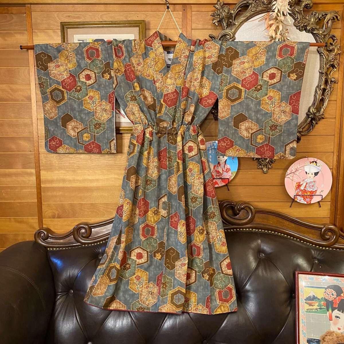 和洋折衷 着物 リメイク ワンピース ドレス 洗える 化繊 帯サッシュ  