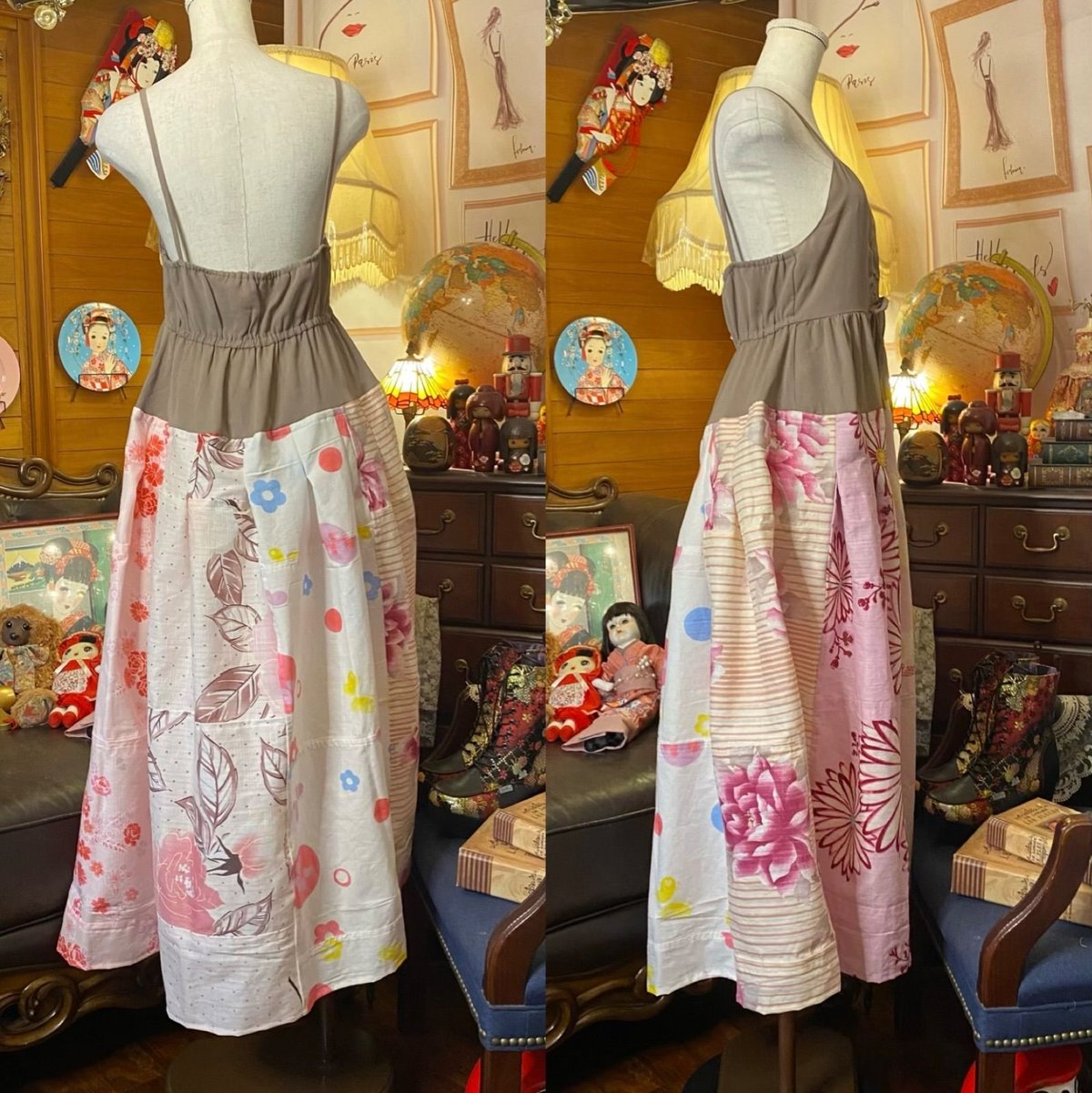 和洋折衷 浴衣 ロング ワンピース パッチワーク リメイク コラージュ