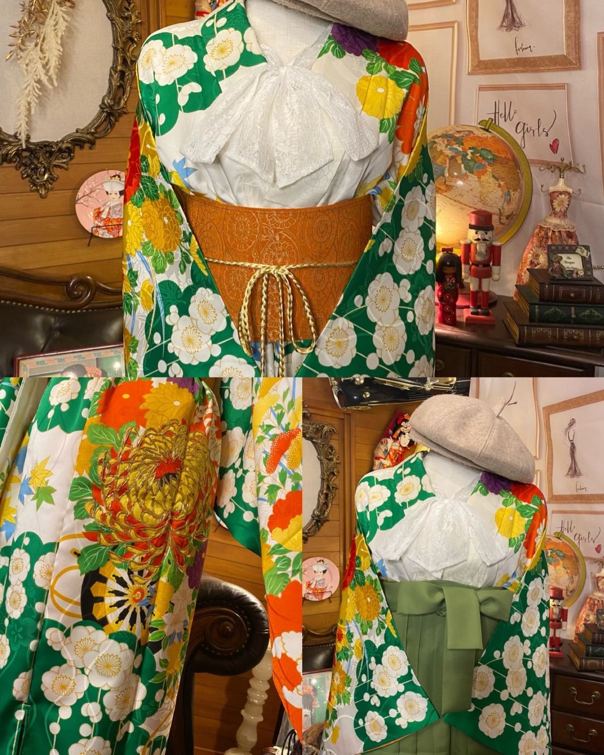 振袖　着物リメイク　ドレス　フーディワンピース　チャコール　和柄　ハンドメイド 即納】振袖 着物リメイク ドレス 和柄フーディワンピース