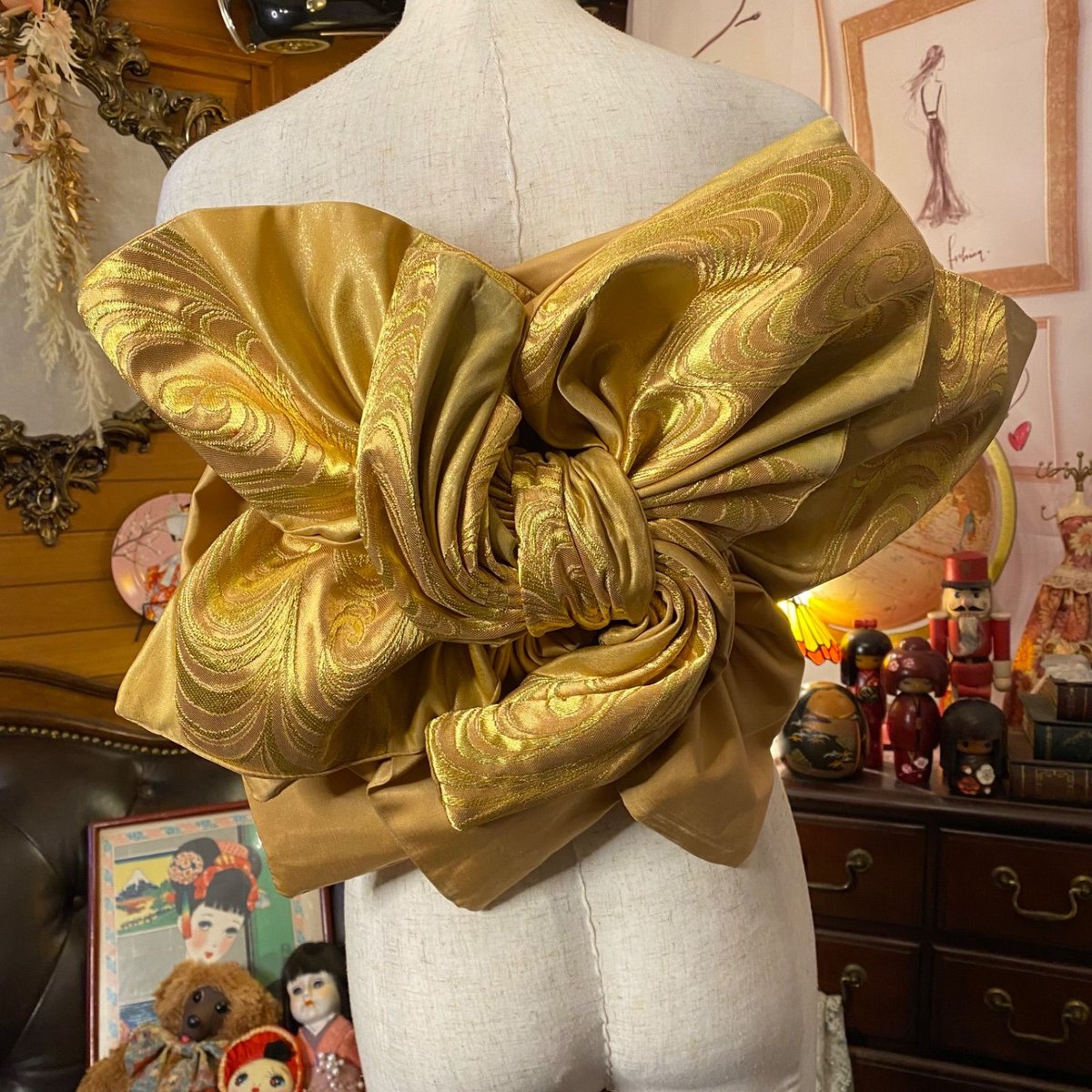 和洋折衷 2部式作り帯 京袋帯 お太鼓 リメイク ハンドメイド 和 レトロ マスタードゴールド系 2B-21 和洋折衷 2部式作り帯 京袋帯 お太鼓 リメイク ハンドメイド 和 レトロ