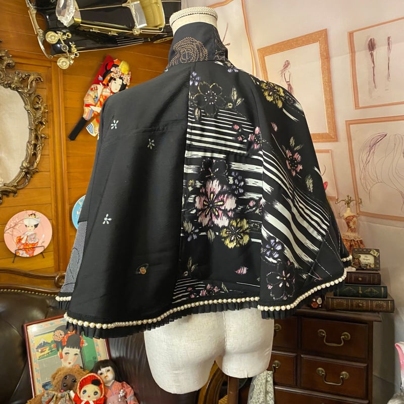 和洋折衷 着物 リメイク ポンチョ ケープ 和装コート パールフリル