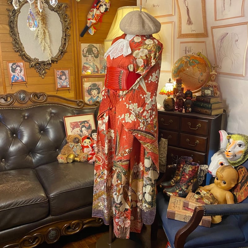 リメイク 振袖着物ワンピース 和洋折衷 ハンドメイド レトロ 古着