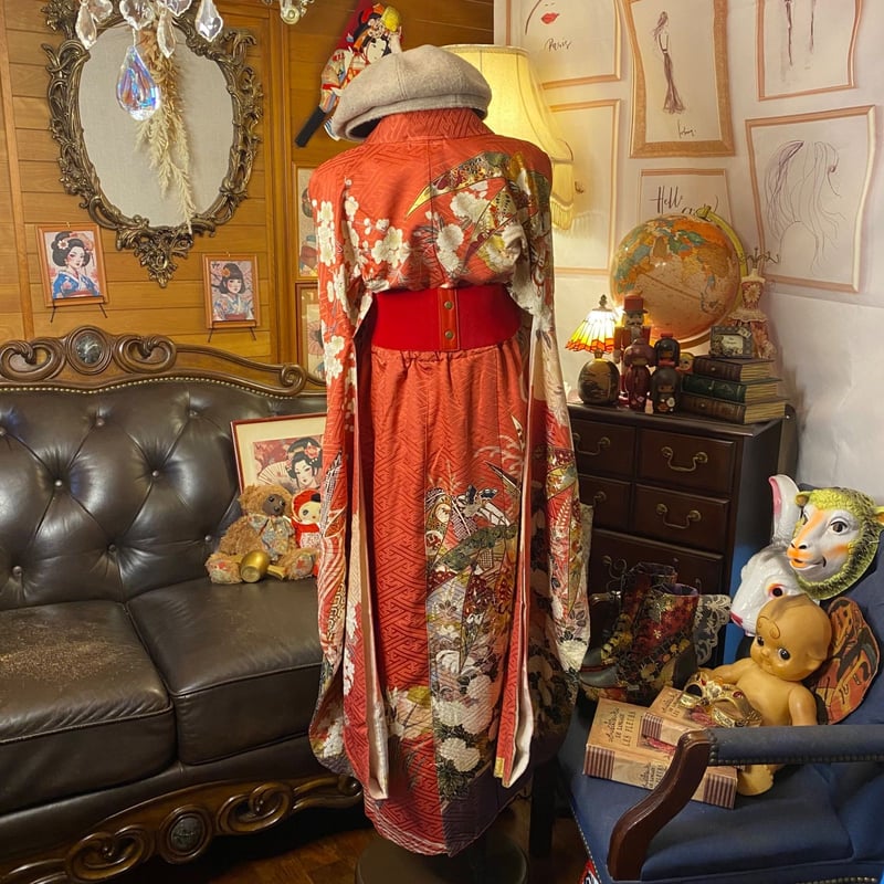 リメイク 振袖着物ワンピース 和洋折衷 ハンドメイド レトロ 古着 