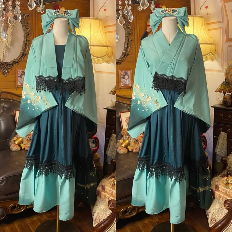 着物 ハンドメイド ワンピース パーティー ドレス 和洋折衷 コラージュ リメイク 切り替え 白地に抽象的な筆描き風の花模様 O-82 着物 ワンピース パーティー ドレス 和洋折衷 コラージュ リメイク