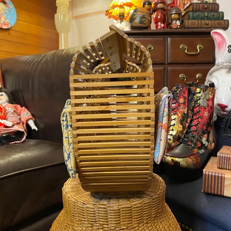 和洋折衷 着物 半月型籠 かごバッグ ハイカラおりぼん レトロボタン