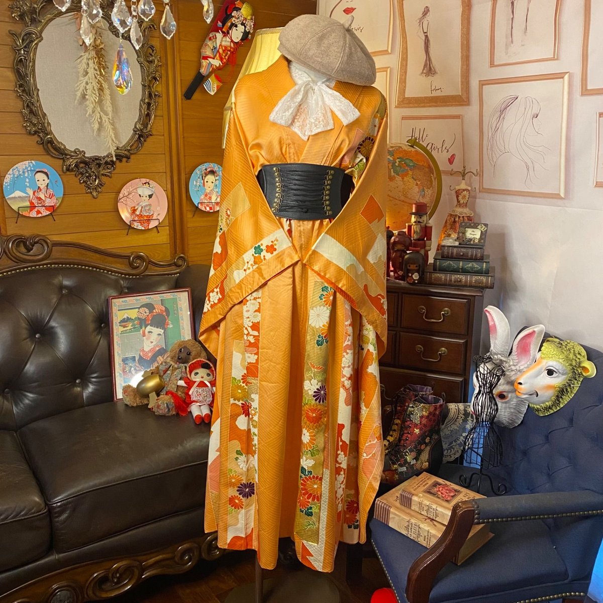 着物リメイク振袖 豪華金彩絞り華花爛漫ワンピース ナナイロキモノWEB