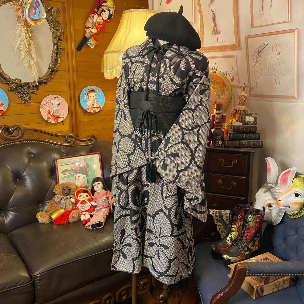 和洋折衷 着物 リメイク ワンピース ドレス 洗える 化繊 帯サッシュ  