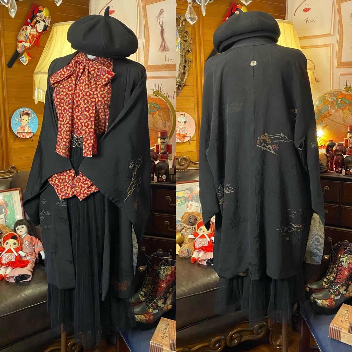 羽織　黒　コスプレ　レトロ　アンティーク　リメイク　和洋折衷コーデ 和洋折衷 コーディネート 黒羽織コーデ まとめ売り レトロ