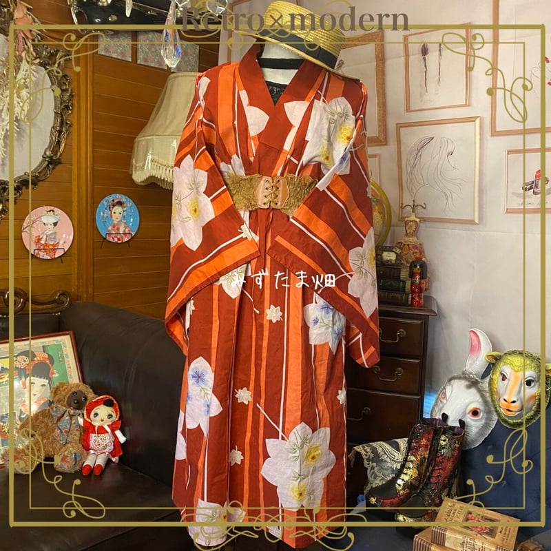 和洋折衷 レトロ 古着 夏 ストライプ モダン 浴衣 和 ハンドメイド