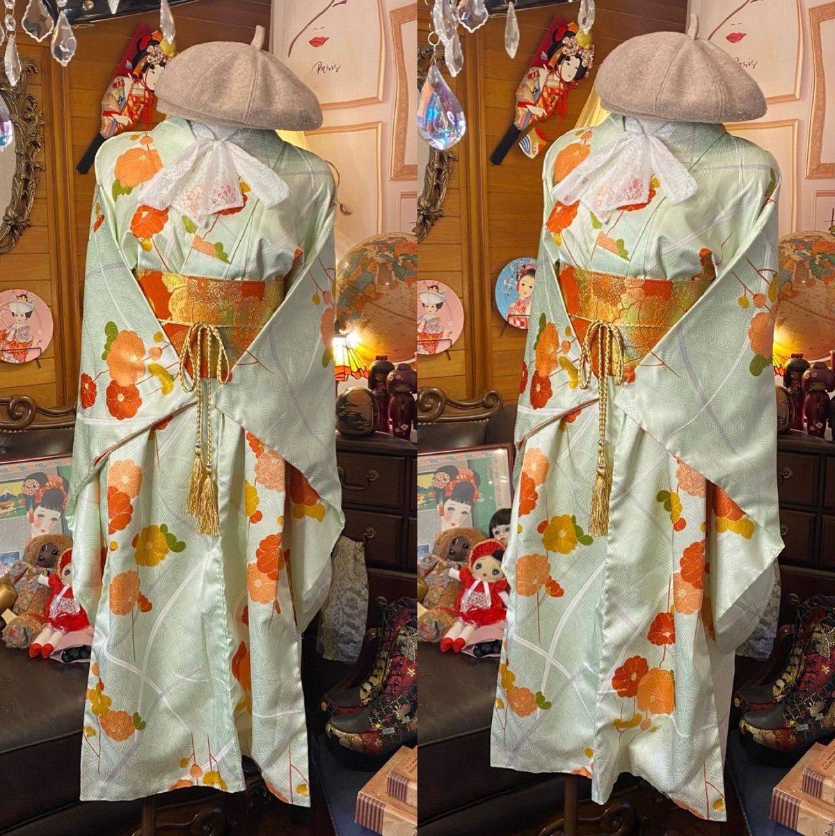 和洋折衷 二尺袖/振袖 着物 袴 リメイク ワンピース ドレス 名古屋帯