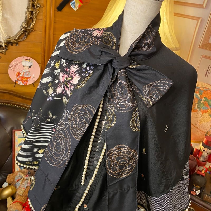 和洋折衷 着物 リメイク ポンチョ ケープ 和装コート パールフリル