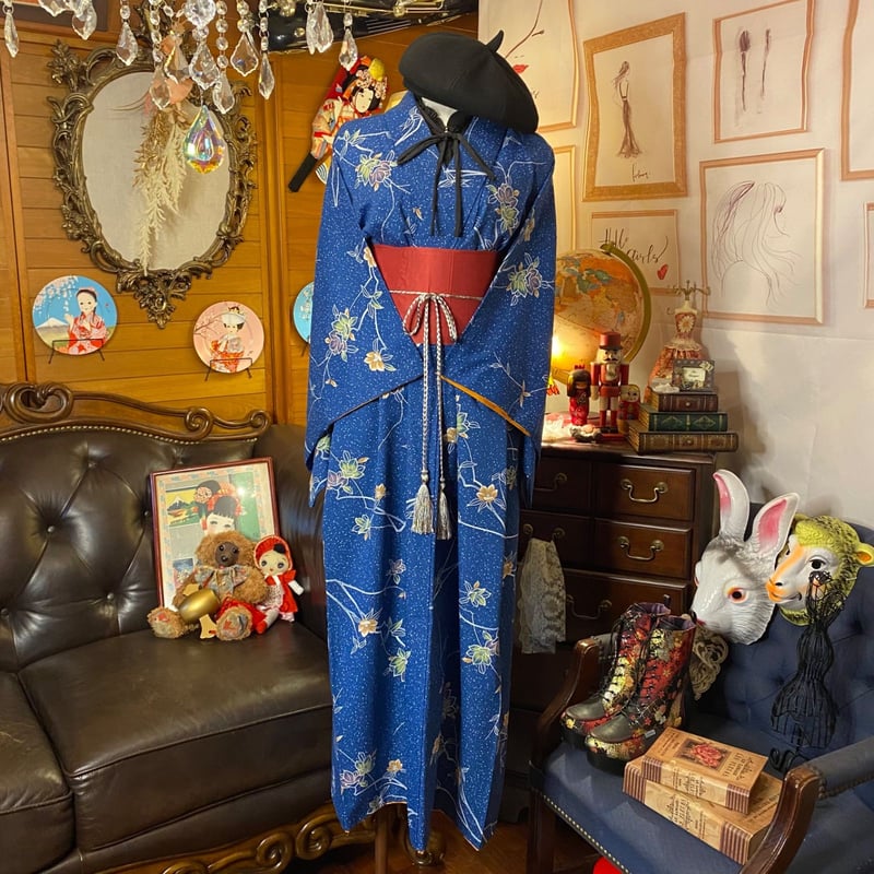 単衣着物 ハンドメイド リメイク ワンピース ドレス 帯サッシュベルト  