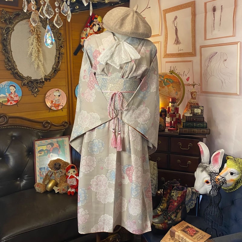 和洋折衷 着物 リメイク ワンピース ドレス 帯サッシュベルト 洗える  