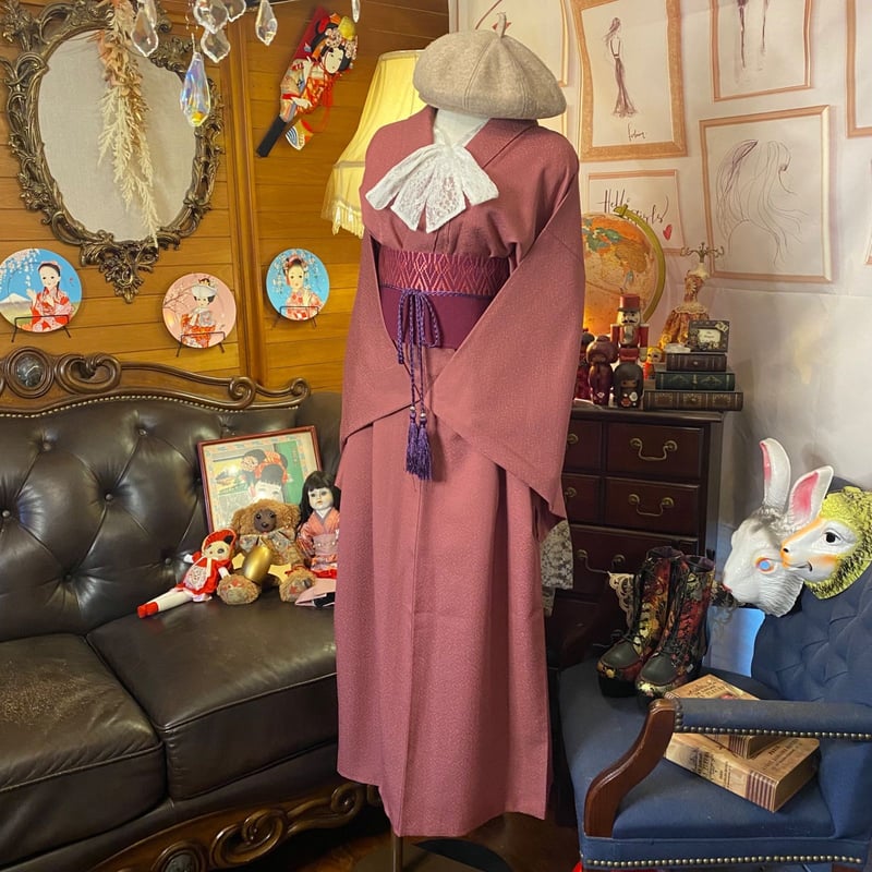 和洋折衷 色無地 着物 リメイク ワンピース ドレス 洗える 化繊 帯