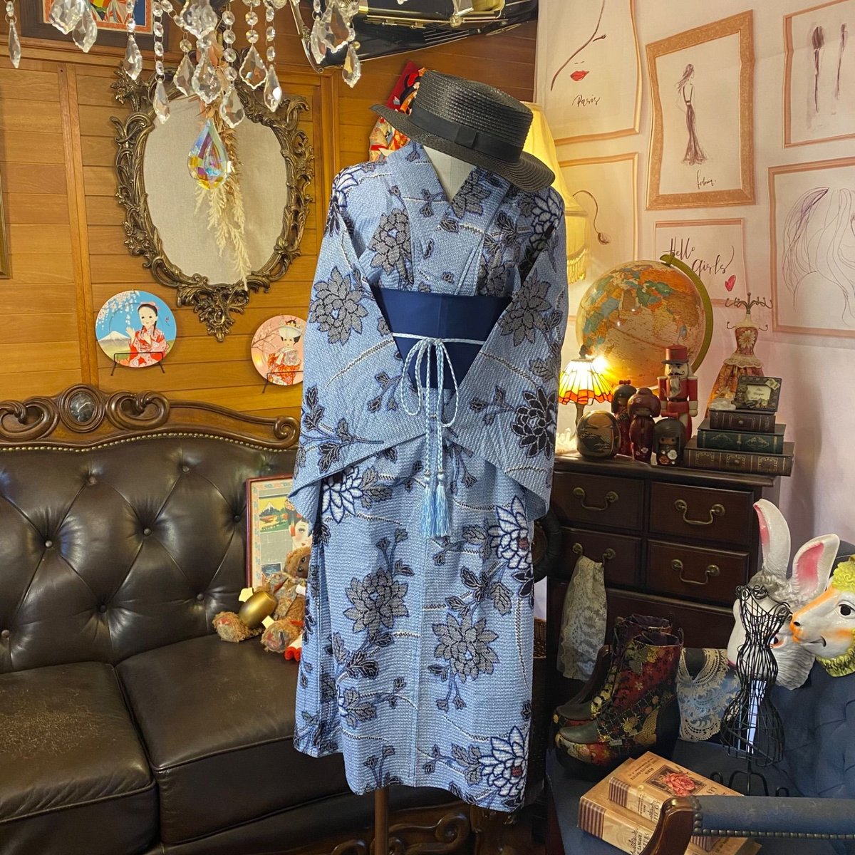 藍染ぼかし浴衣リメイクワンピース